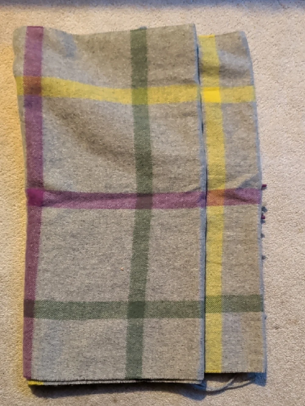 Coach Gray Plaid Cashmere Scarf with Yellow, Green & Purple Stripes - Picture 4 of 4
